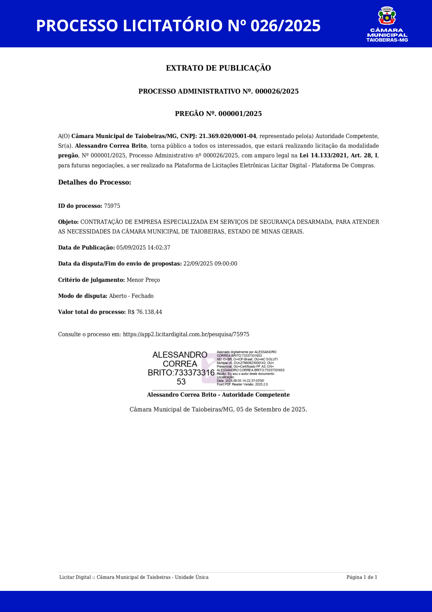 PROCESSO LICITATÓRIO Nº 0262025 g